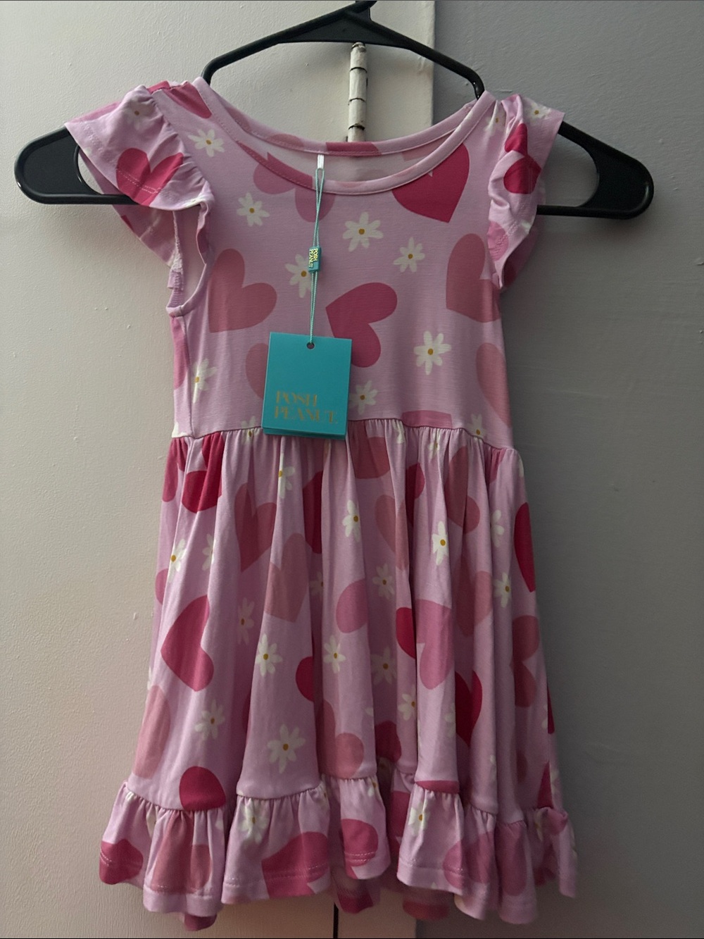 Posh Peanut Pink Heart & Daisy Flutter-Sleeve Dress